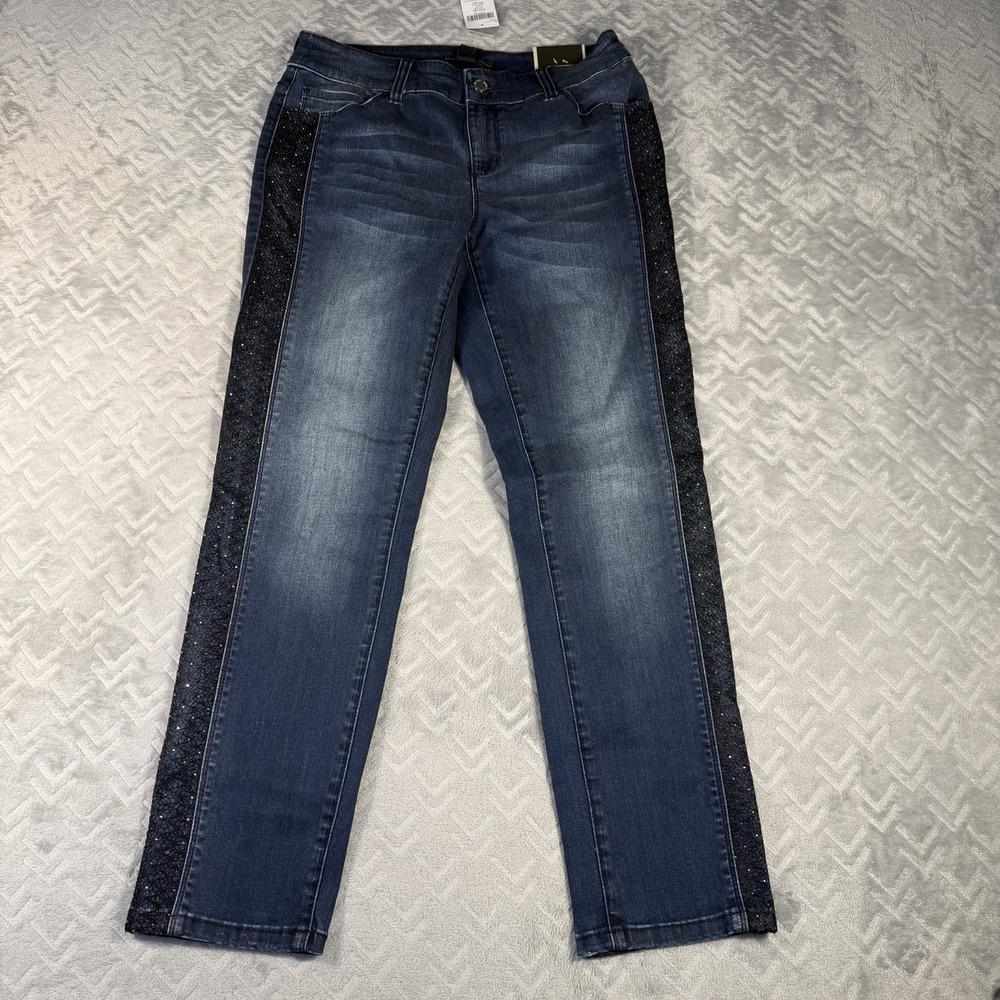 Black Label Chico's Straight Leg Mid Rise Lace Rhinestone Ankle Jeans Sz 2 (00)